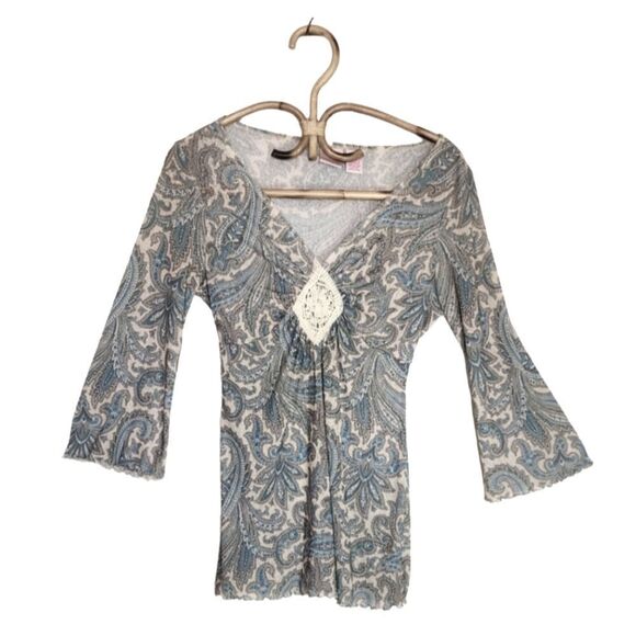 🌸Vintage Boho Dreamer Blue Paisley Lace Bellsleeved Tunic Top 🌸 - Picture 2 of 4
